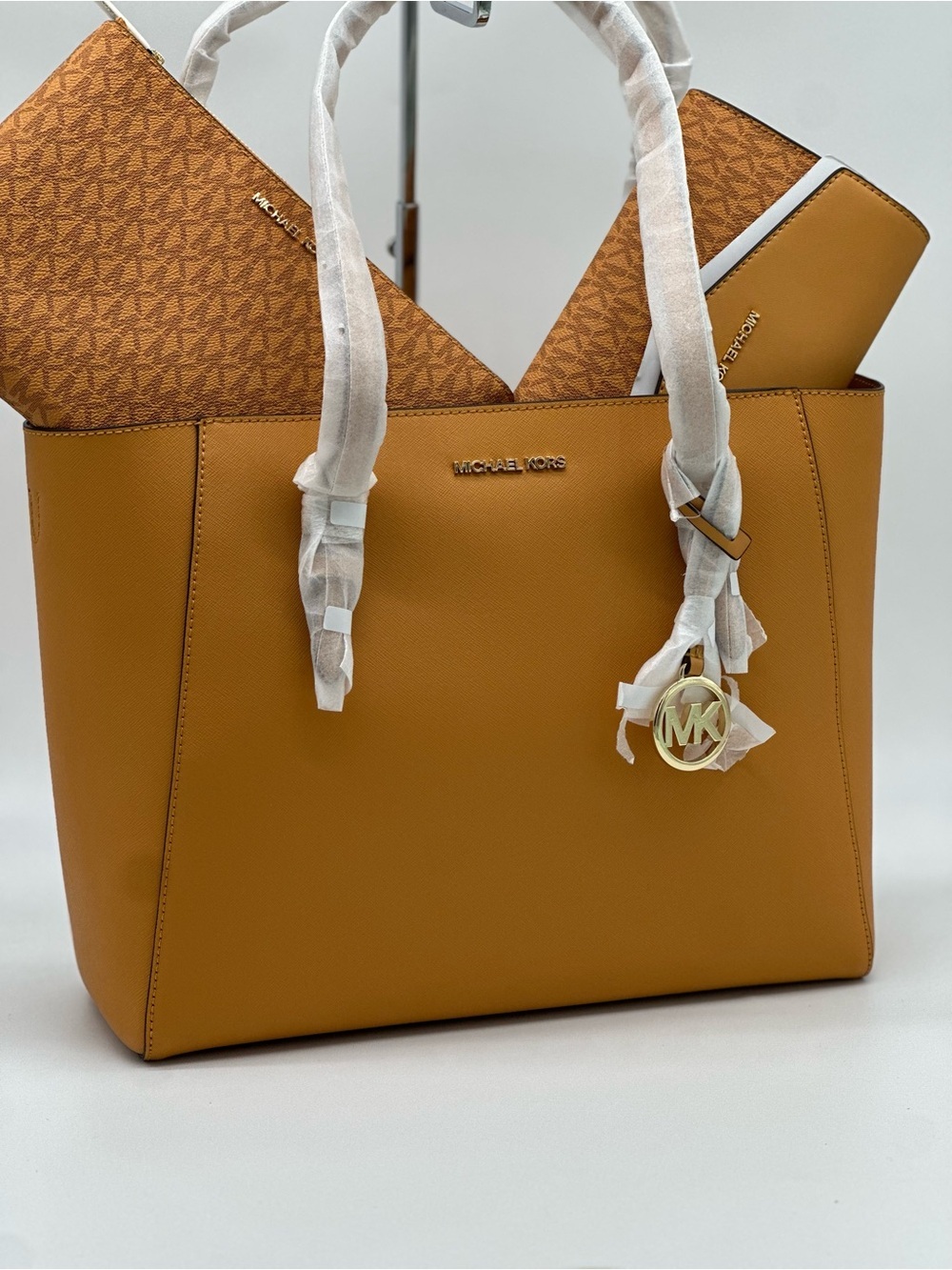 Michael Kors Caramel Tan Leather Tote with Matching Wallet & Clutch Set